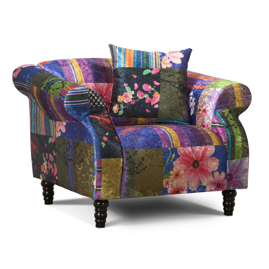 Purple Patchwork Funky Accent Chair, front view.