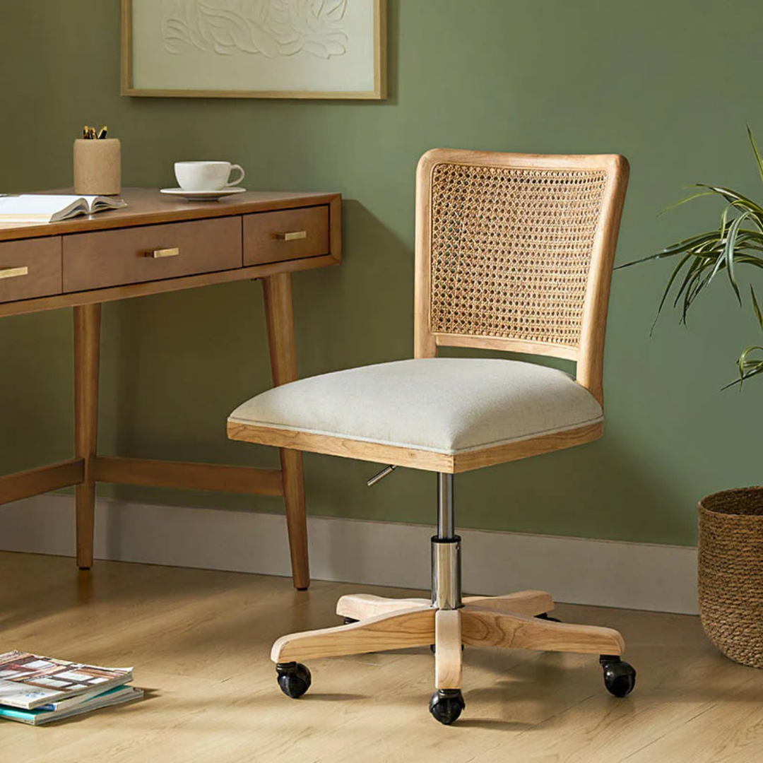 Rattan Armless Ergonomic Desk Chair in a cosy office space