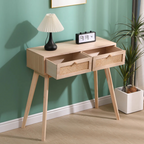 Rattan Hallway Table With Drawers, in a mid century home, top view with drawers open