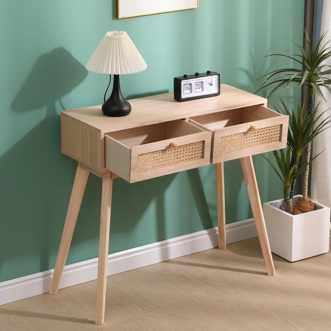 Rattan Hallway Table With Drawers, in a mid century home, top view with drawers open