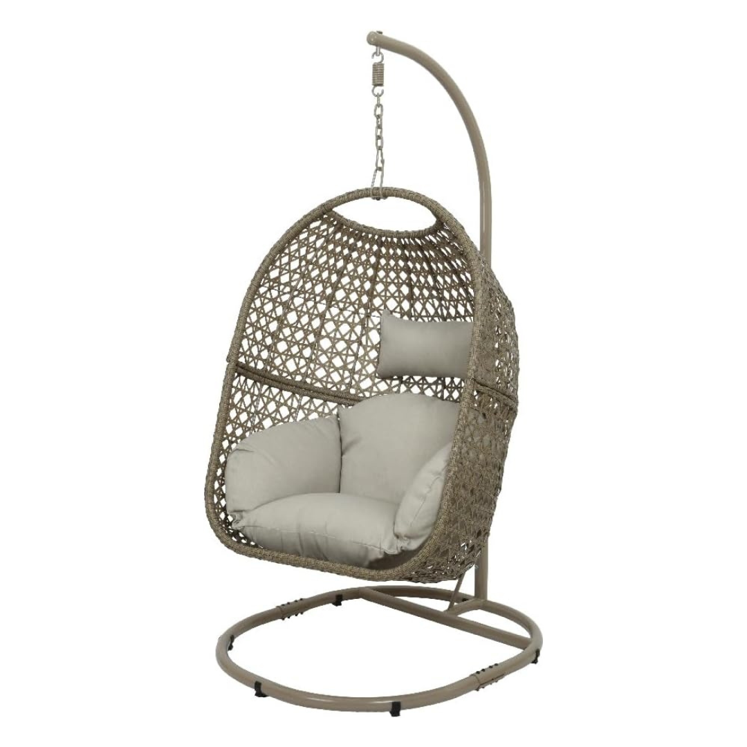 Rattan Hanging Egg Chair And Stand, white background.