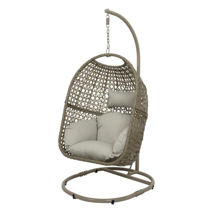Rattan Hanging Egg Chair And Stand, white background.
