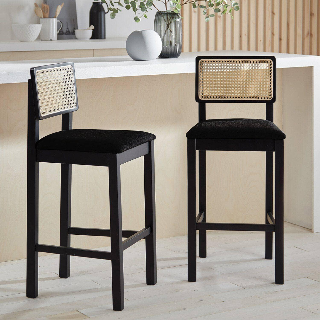Rattan Kitchen Stools Black Styled in a modern kitchen island front view