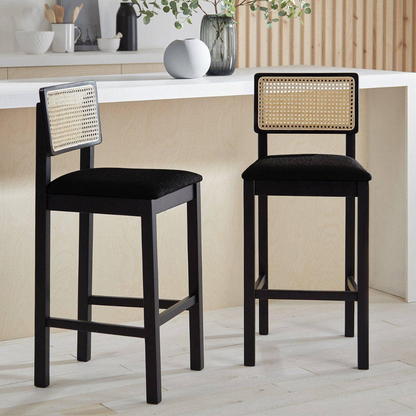 Rattan Kitchen Stools Black Styled in a modern kitchen island front view