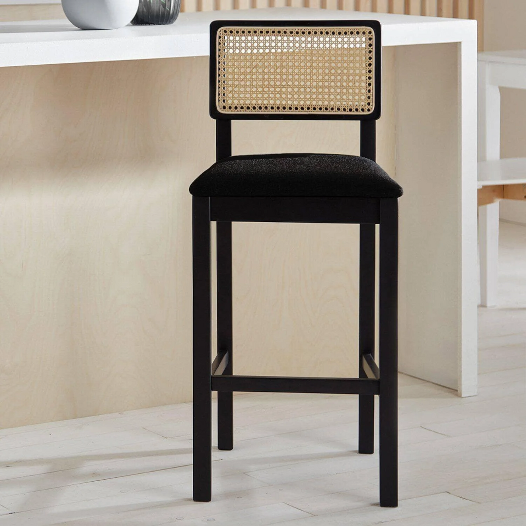 Rattan Kitchen Stools Black front view on a kitchen island close up