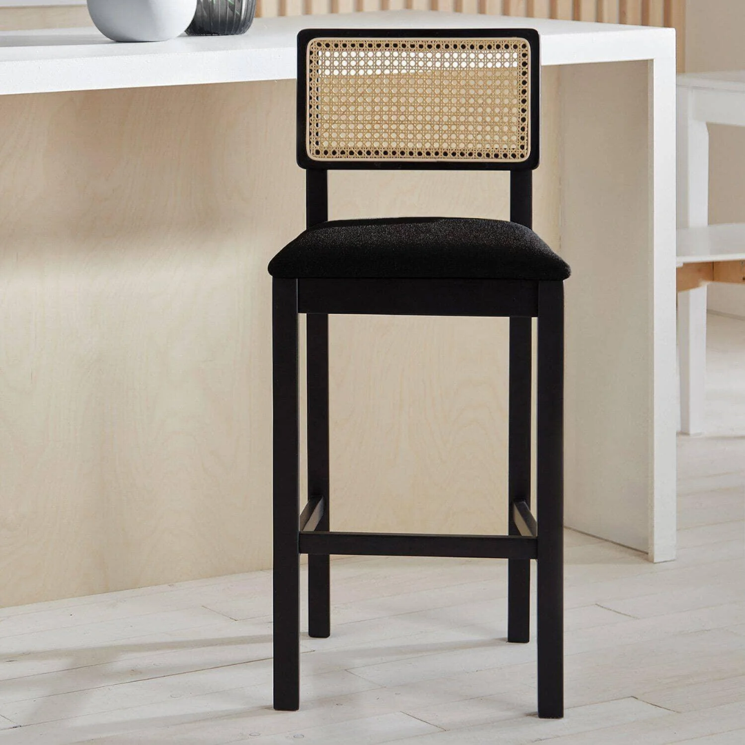 Rattan Kitchen Stools Black front view on a kitchen island close up