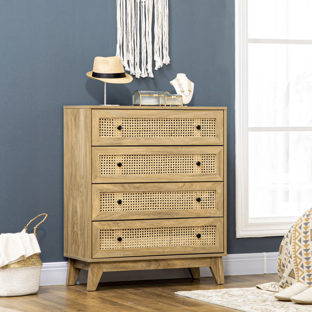 Rattan Woven Chest Of Drawers, set in a model home, angled view.