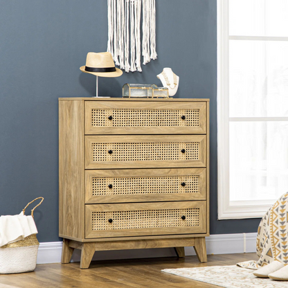 Rattan Woven Chest Of Drawers, set in a model home, angled view.