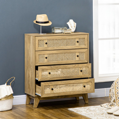 Rattan Woven Chest Of Drawers, set in a model home with drawers open.