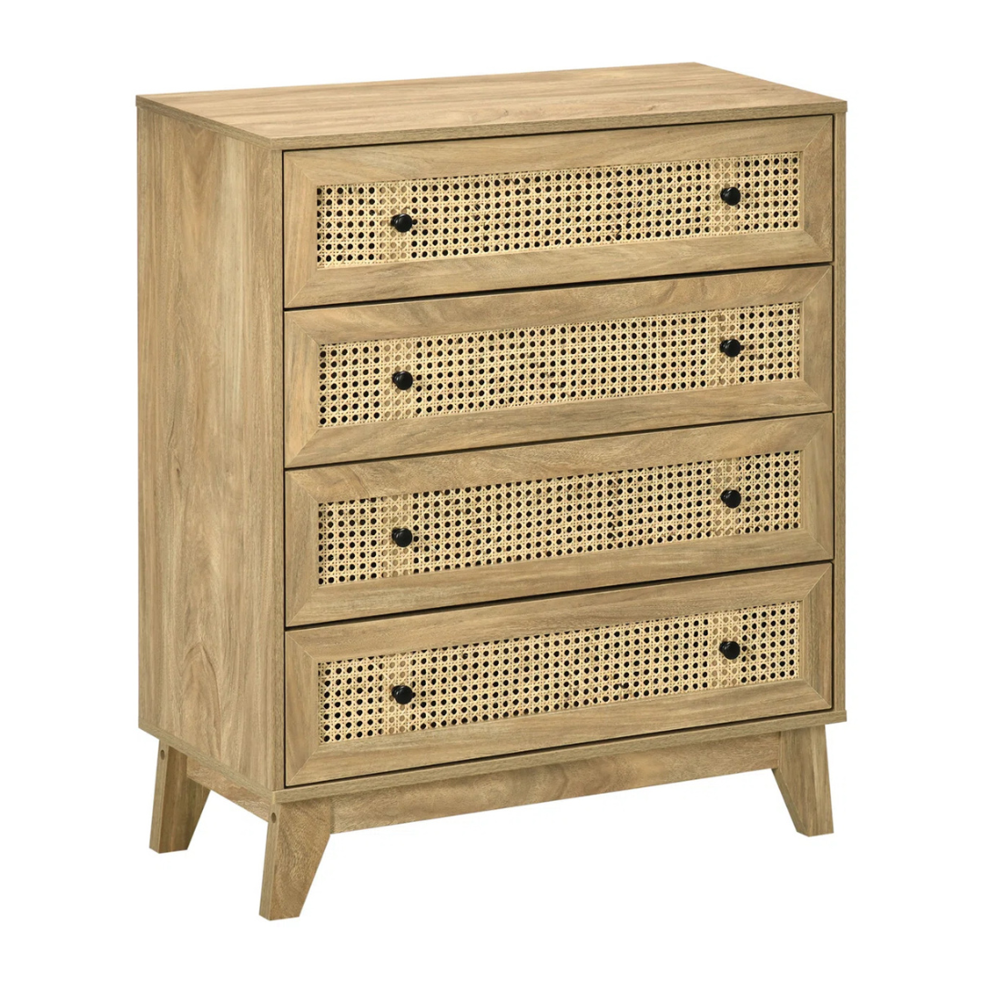 Rattan Woven Chest Of Drawers, white background.