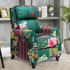 Reclining Green Patchwork Wing Chair, set in a modern home.