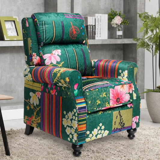 Reclining Green Patchwork Wing Chair, set in a modern home.