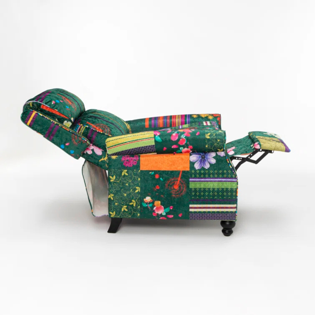 Reclining Green Patchwork Wing Chair, fully reclined.
