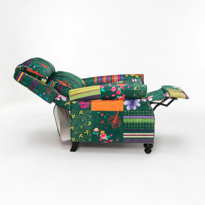 Reclining Green Patchwork Wing Chair, fully reclined.