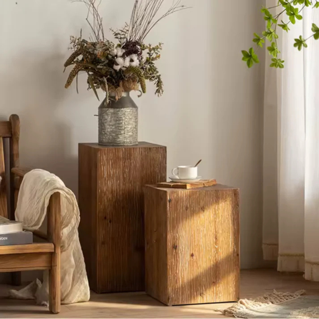 block-style retro wood table with vertical grain texture, small and medium set up in a retro living space.