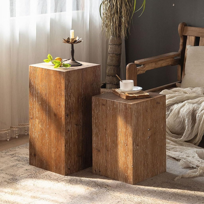 block-style retro wood table with vertical grain texture, small and medium set up next to eachother.