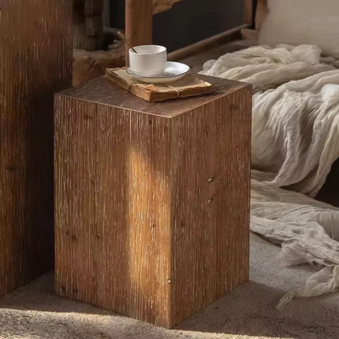 block-style retro wood table with vertical grain texture, small.