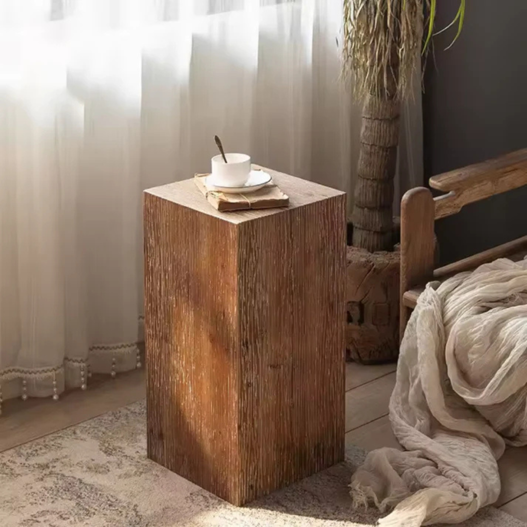 block-style retro wood table with vertical grain texture, medium.