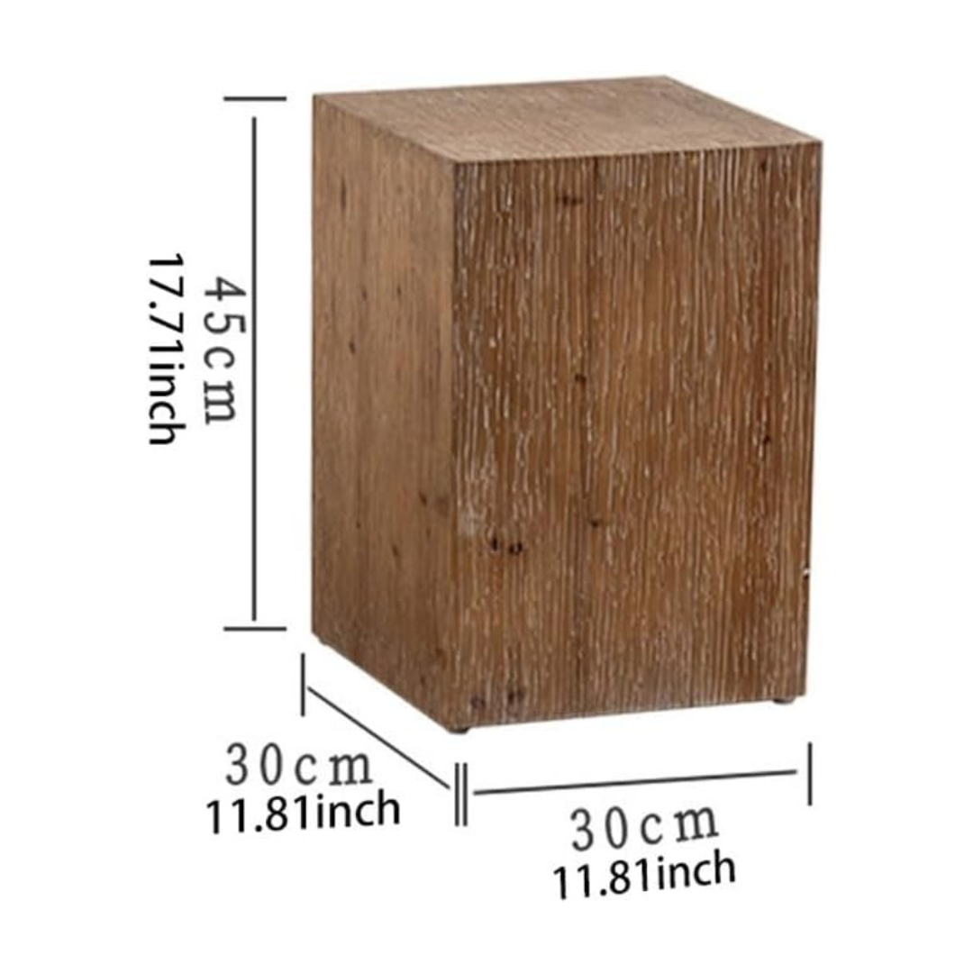 block-style retro wood table with vertical grain texture, small dimensions.