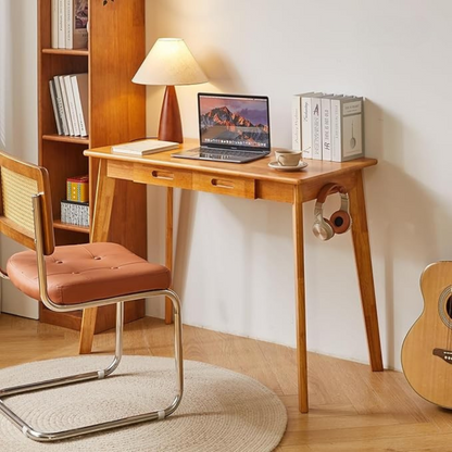 Retro Solid Wooden Desk With Drawers, set up in a modern home office.