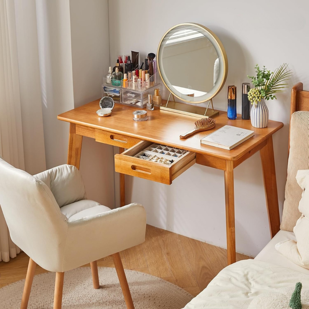 Retro Solid Wooden Desk With Drawers, set up as a dressing table.