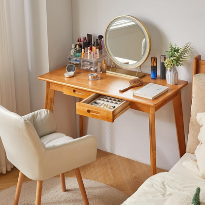 Retro Solid Wooden Desk With Drawers, set up as a dressing table.