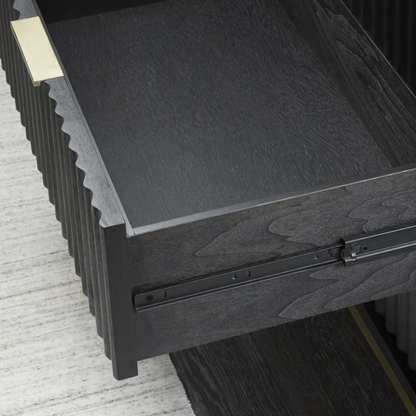 Retro Tall Black Chest Of Drawers With Gold Detail, close up to the drawer.