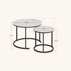 Two round marble top tables with black metal bases and dimensions on a white background