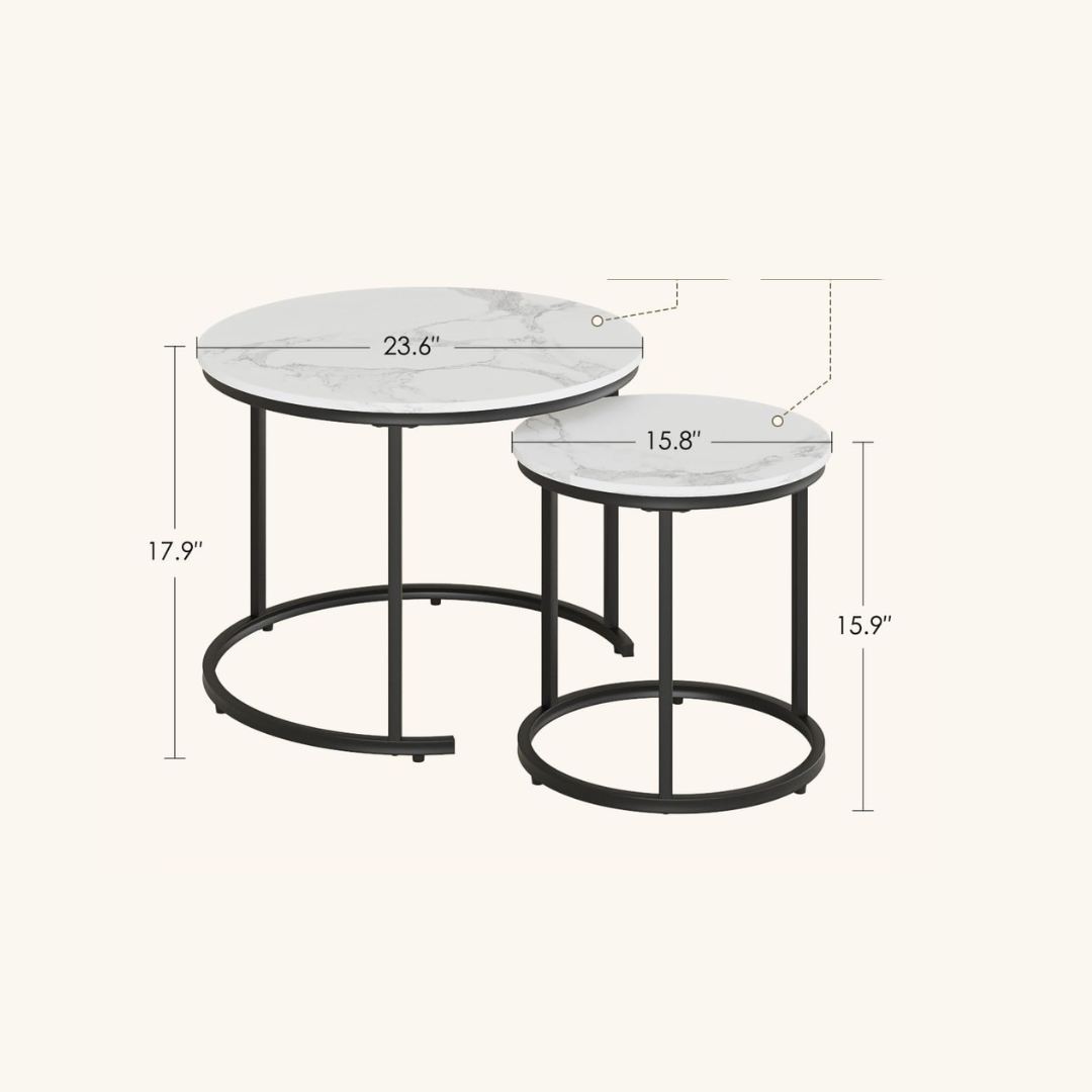 Two round marble top tables with black metal bases and dimensions on a white background
