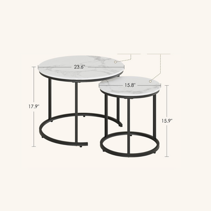 Two round marble top tables with black metal bases and dimensions on a white background