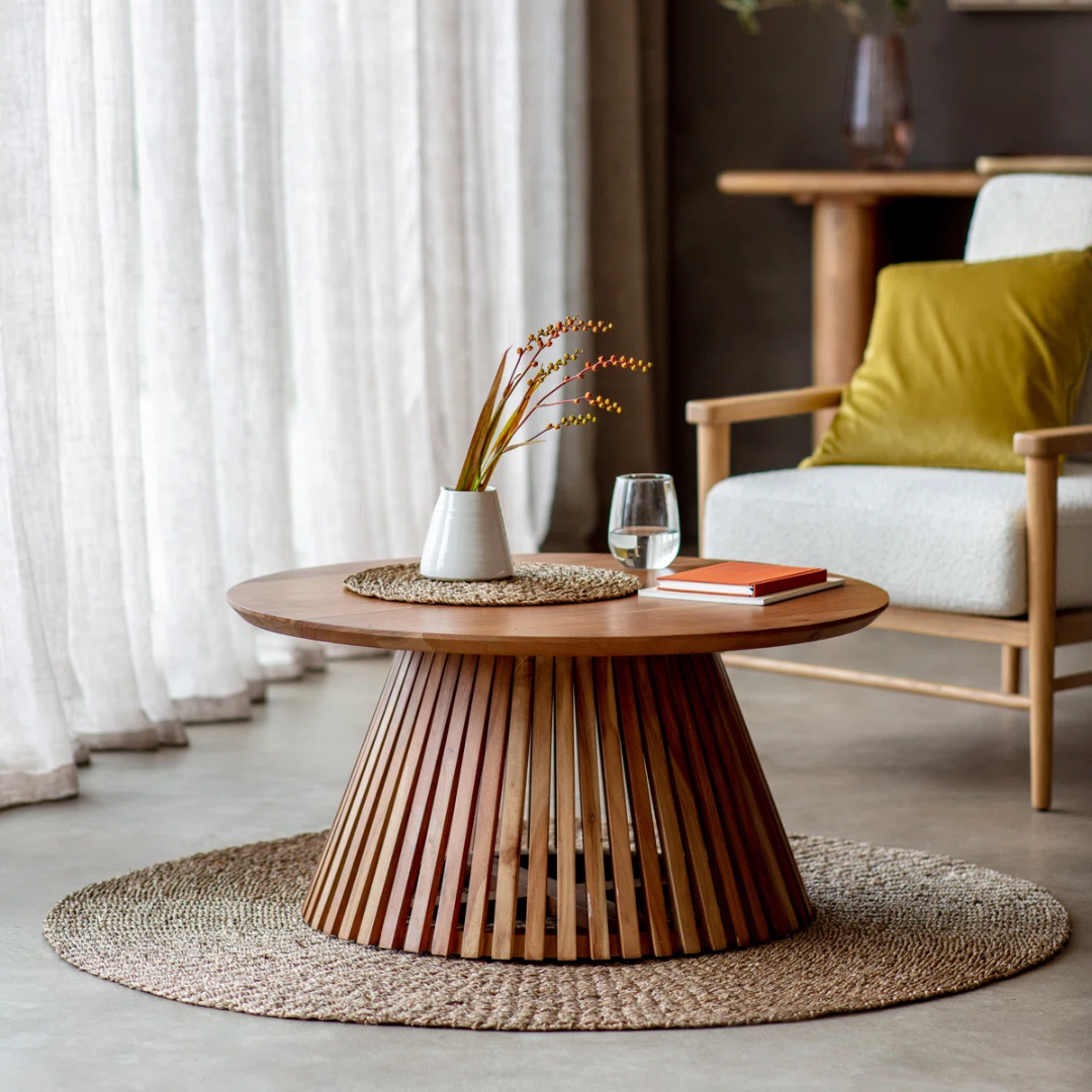 Round Mid Century Modern Coffee Table in a modern interior living room