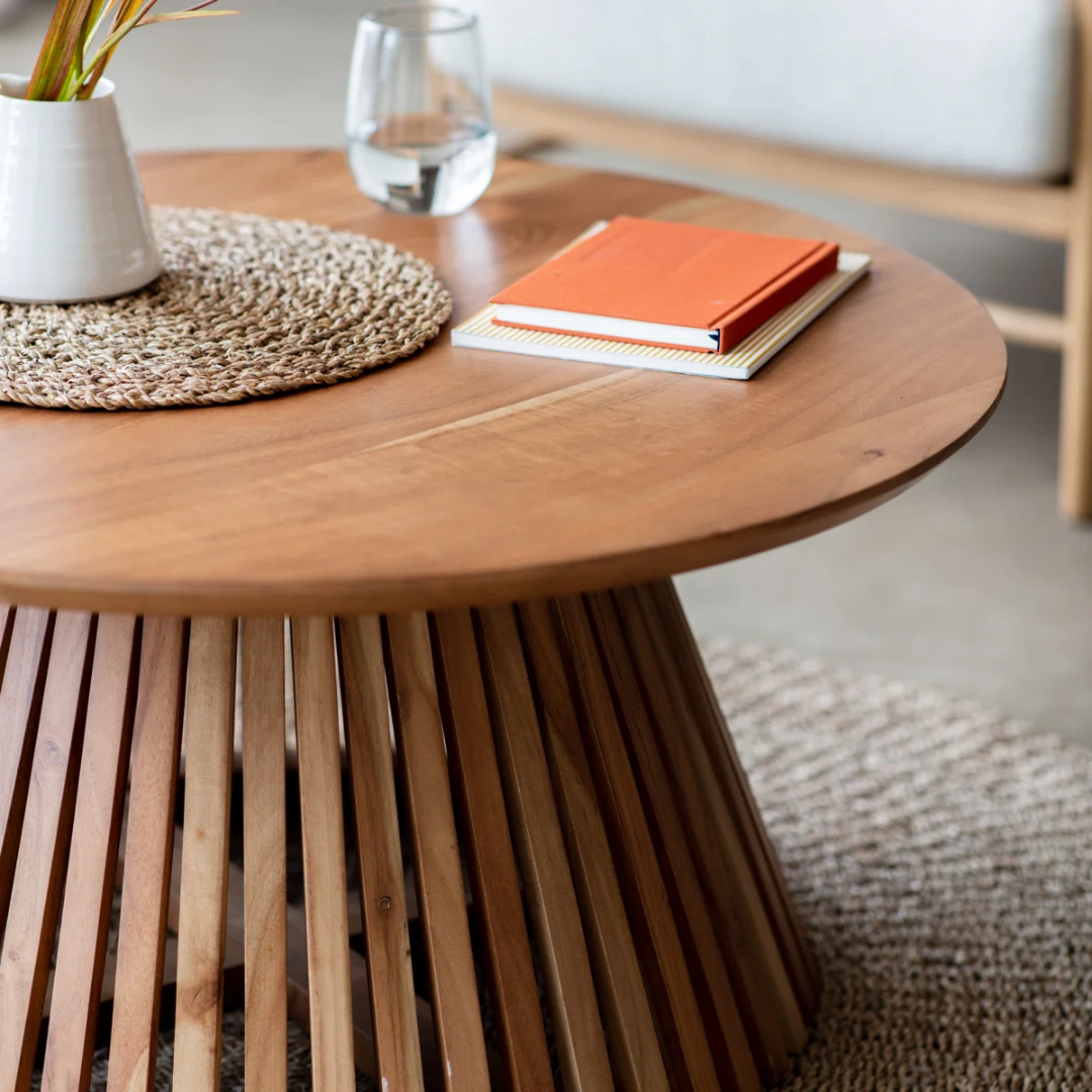 Round Mid Century Modern Coffee Table close up of the slated base and round table top