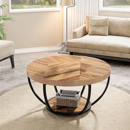 Round wooden rustic coffee table with open black base, set in a modern home.