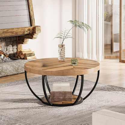 Round wooden rustic coffee table with open black base. set Infront of a fireplace.