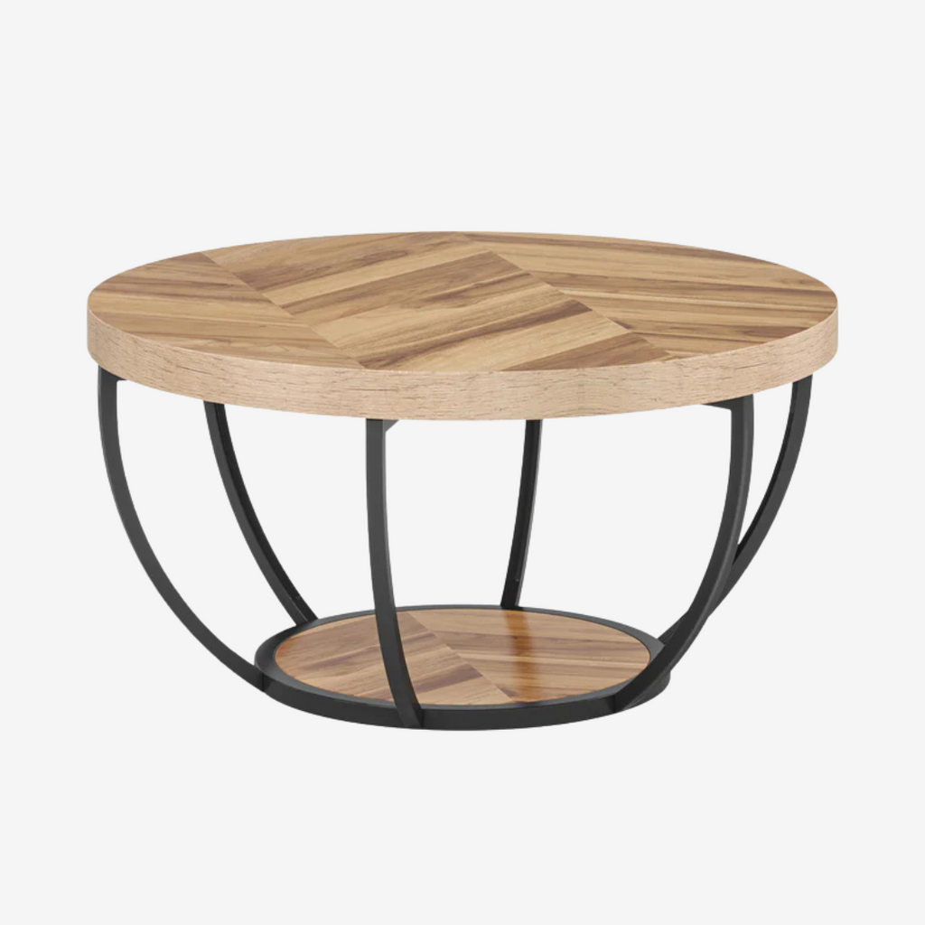 Round wooden rustic coffee table with open black base, white background.