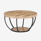 Round wooden rustic coffee table with open black base, white background.