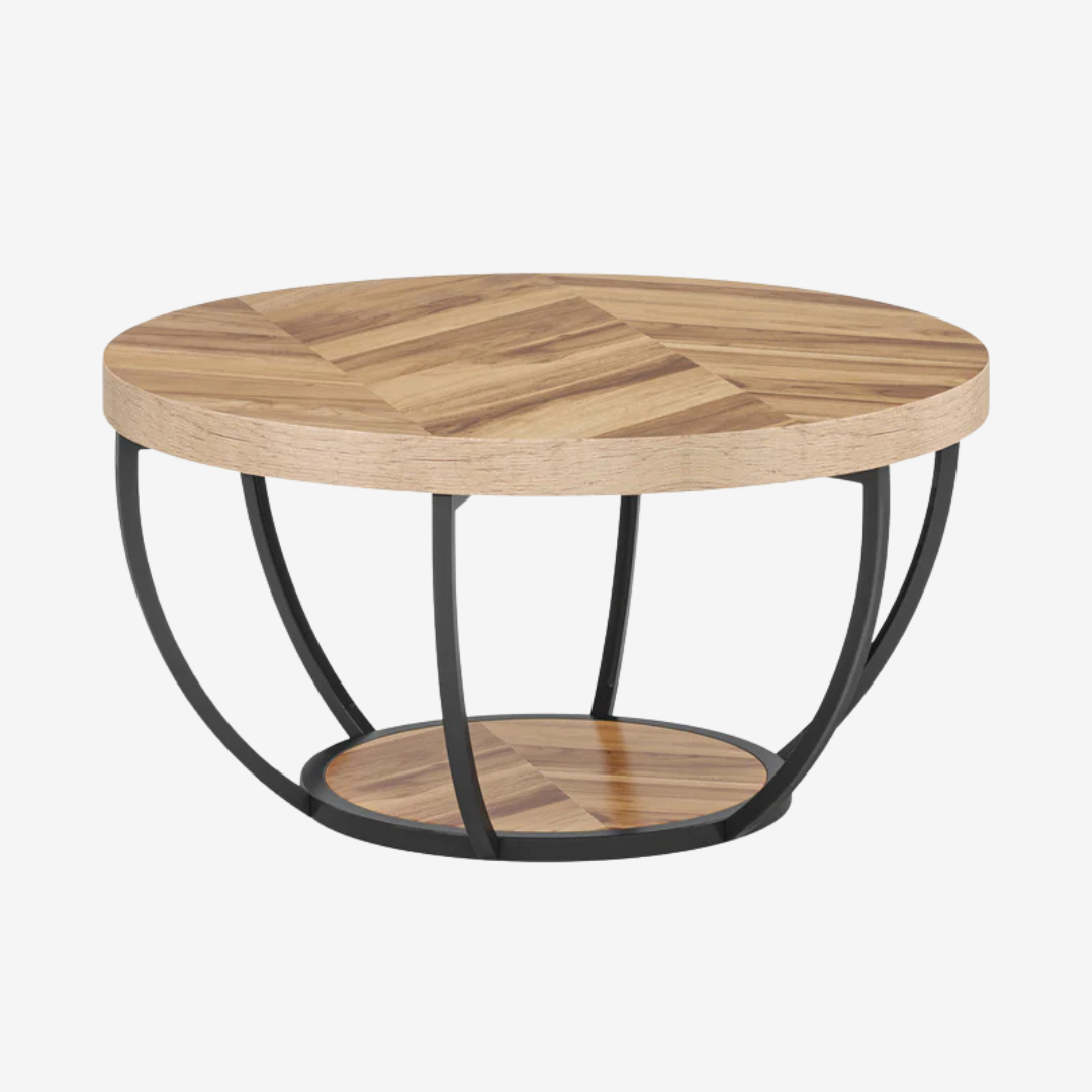 Round wooden rustic coffee table with open black base, white background.