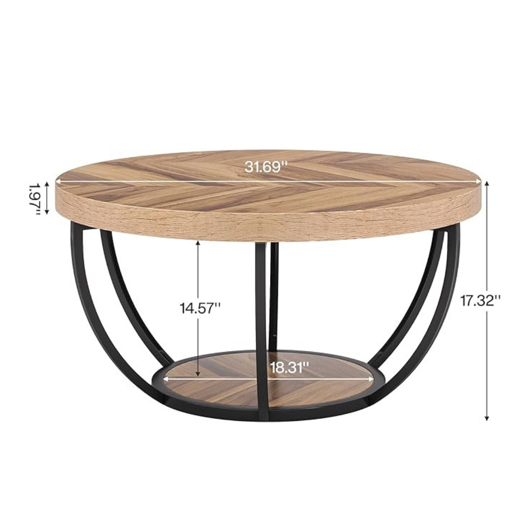 Round wooden rustic coffee table with open black base, dimensions.