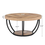 Round wooden rustic coffee table with open black base, dimensions.