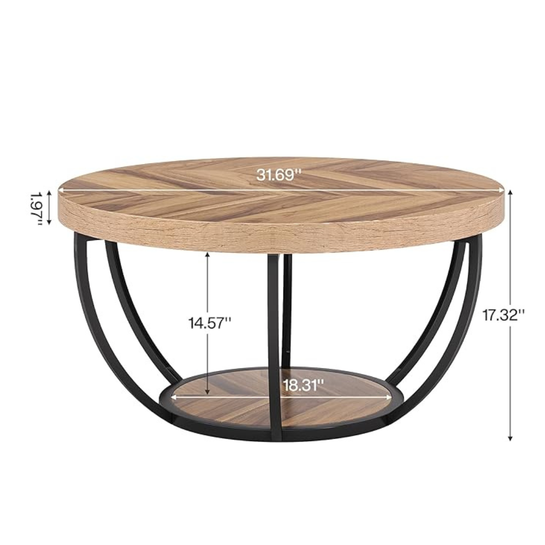 Round wooden rustic coffee table with open black base, dimensions.