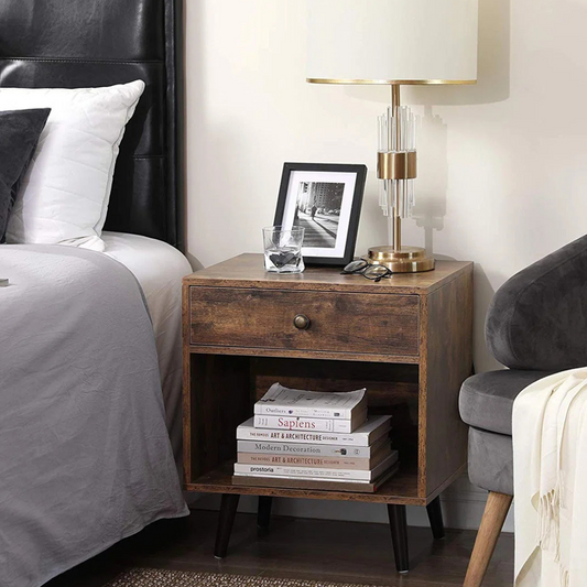 Rustic Brown Bedside Table, set in a modern bedroom.