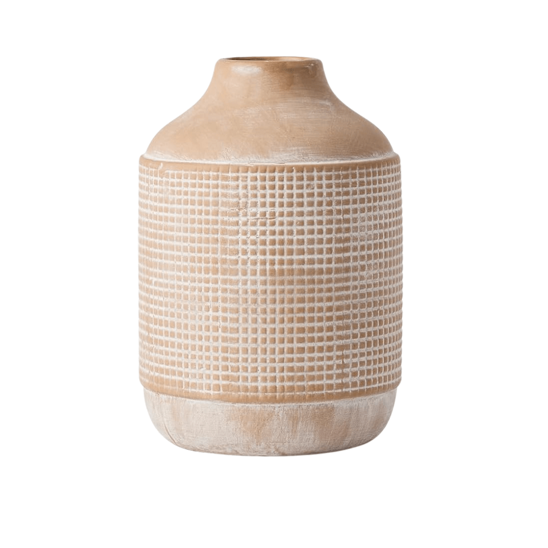 Beige ceramic vase with textured pattern on a white background