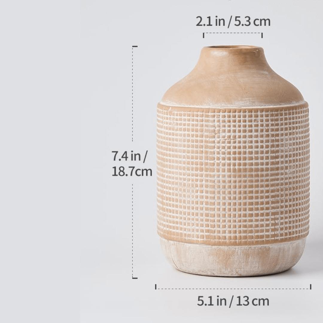 Beige textured vase with measurements on a light gray background
