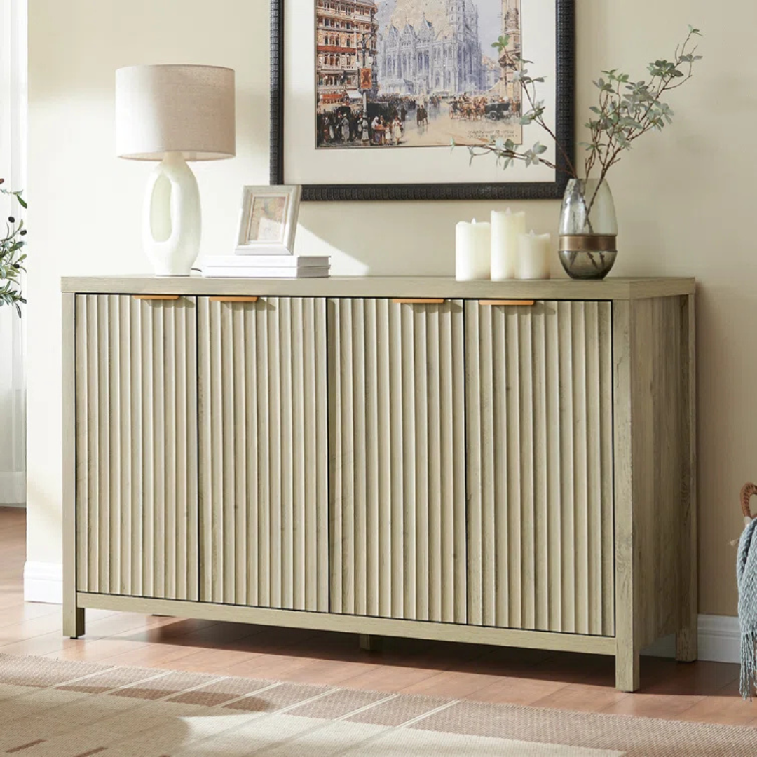 Sand Oak Flute Sideboard, angled view in model home.
