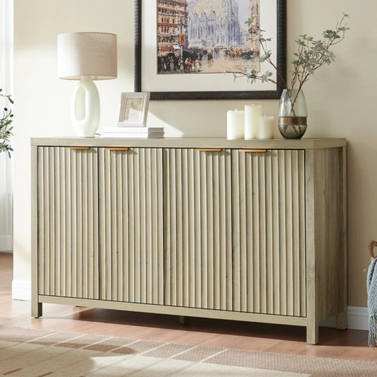 Sand Oak Flute Sideboard, angled view in model home.