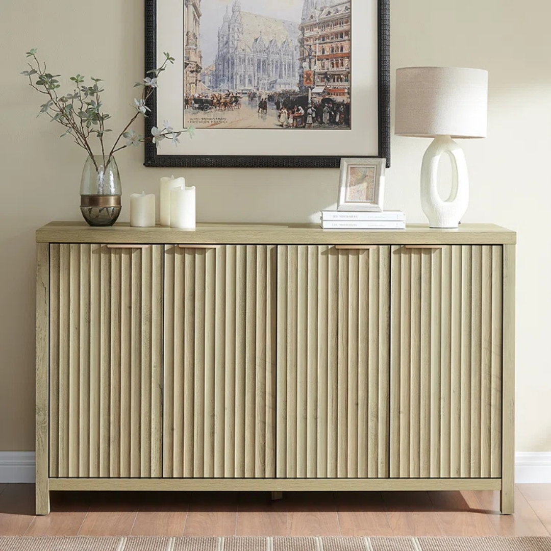 Sand Oak Flute Sideboard, front view in model home.