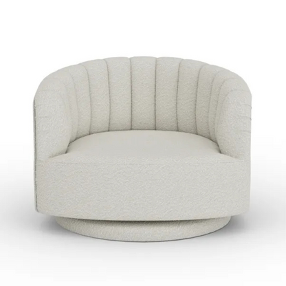 scalloped bouclé swivel chair with fluted backrest design, white background, front view.