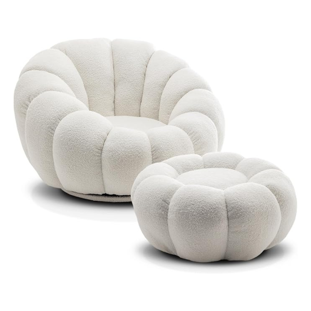 white scalloped pumpkin chair and ottoman, white background, angled view.