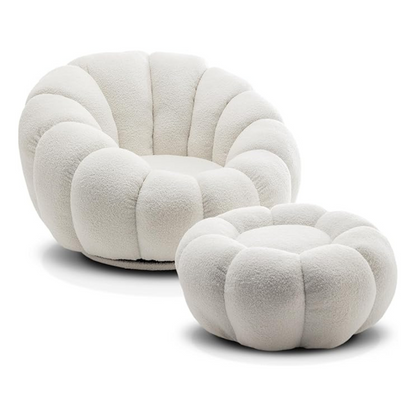 white scalloped pumpkin chair and ottoman, white background, angled view.