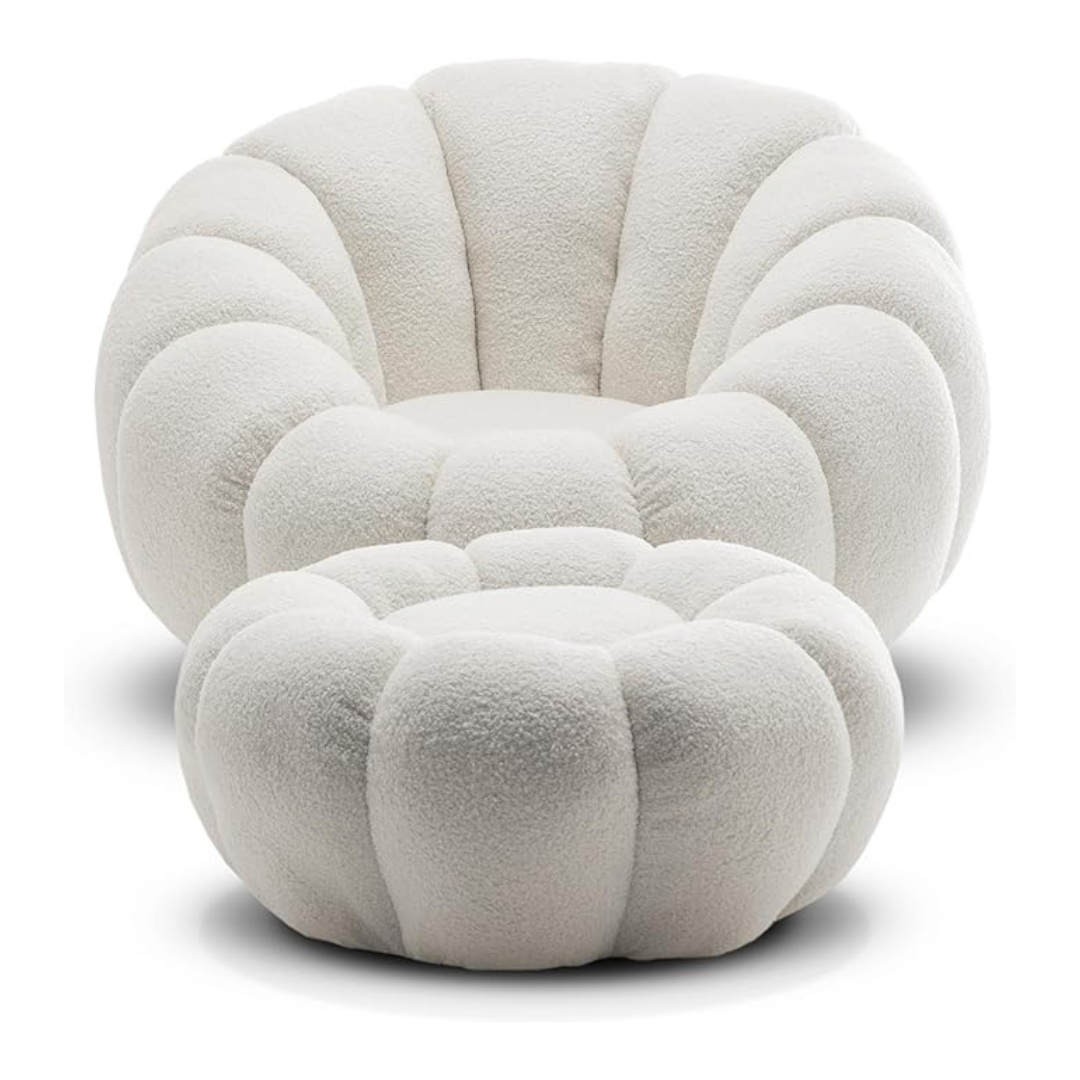 white scalloped pumpkin chair and ottoman, white background, front view